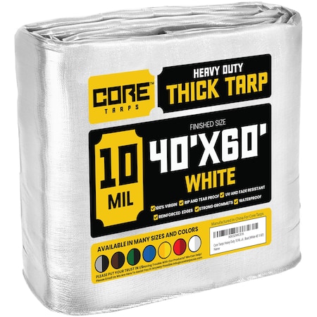 Core Tarps Heavy Duty Tarp, 60 ft L x 0.5 mm H x 40 ft W, 10 Mil, White, Polyethylene CT-604-40X60
